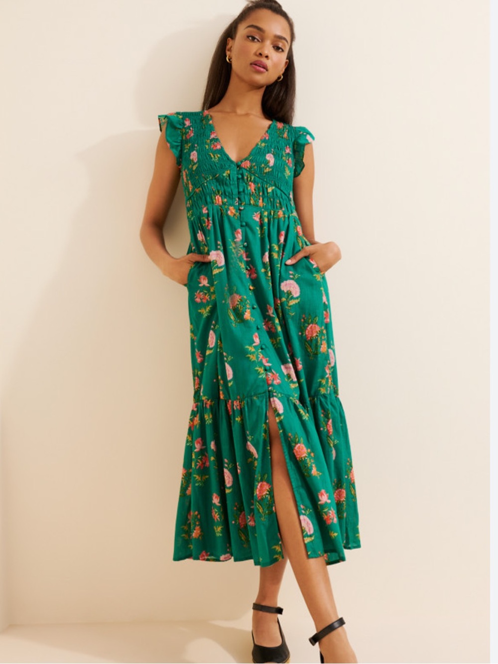ANTHROPOLOGIE Peregrine Dress Smocked Bodice Buttonfront Midi